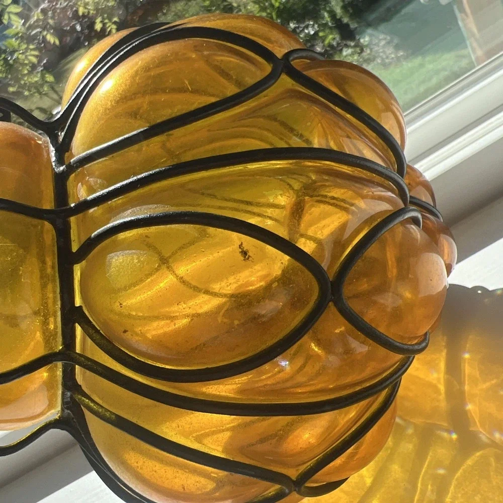 Hanging Iron Caged Amber Glass Bubble Candle Holder Luminary Vase Moroccan  MCM